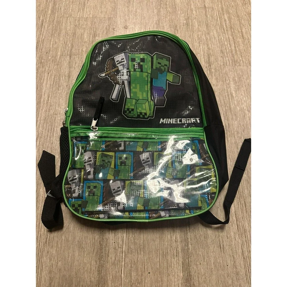 Minecraft Kids Backpack Creeper Skeleton Zombie Black Green w/pouch